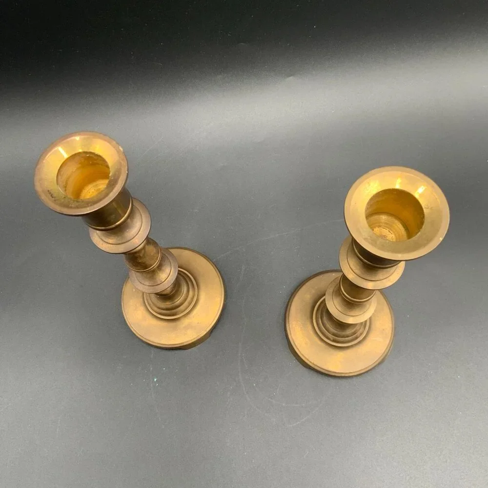 Vintage Pair Of 8.25” Brass Candlestick Holders Mid Century Made In Hong Kong